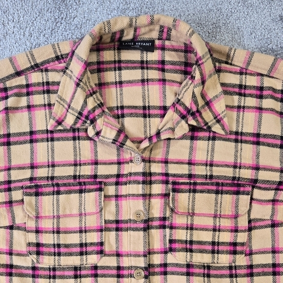 Lane Bryant Tan Pink Classic Button Front Plaid Shacket 100% Cotton Cabincore - Picture 5 of 10
